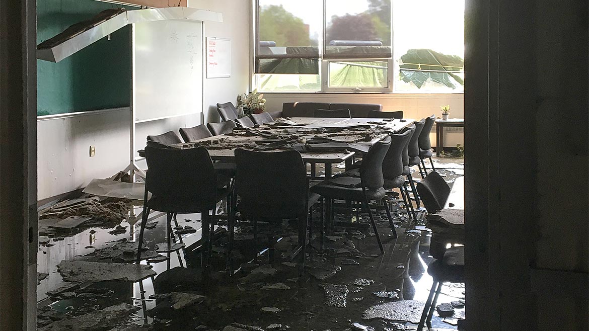 A building interior with extensive fire damage