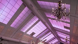 A ceiling lit in lavender